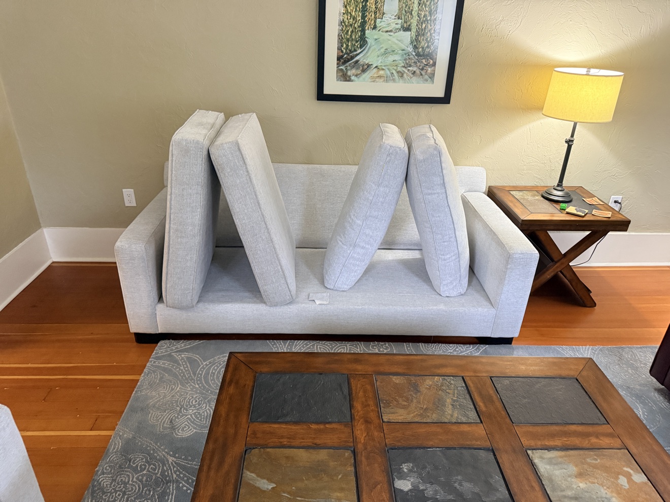 Living room with a white sofa after a clean